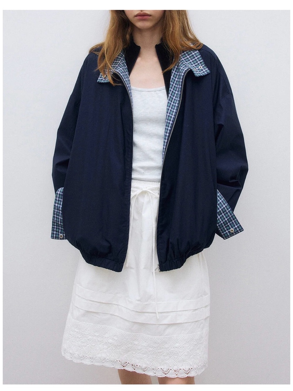 Navy Plaid-Trim Windbreaker Bomber Jacket - Women